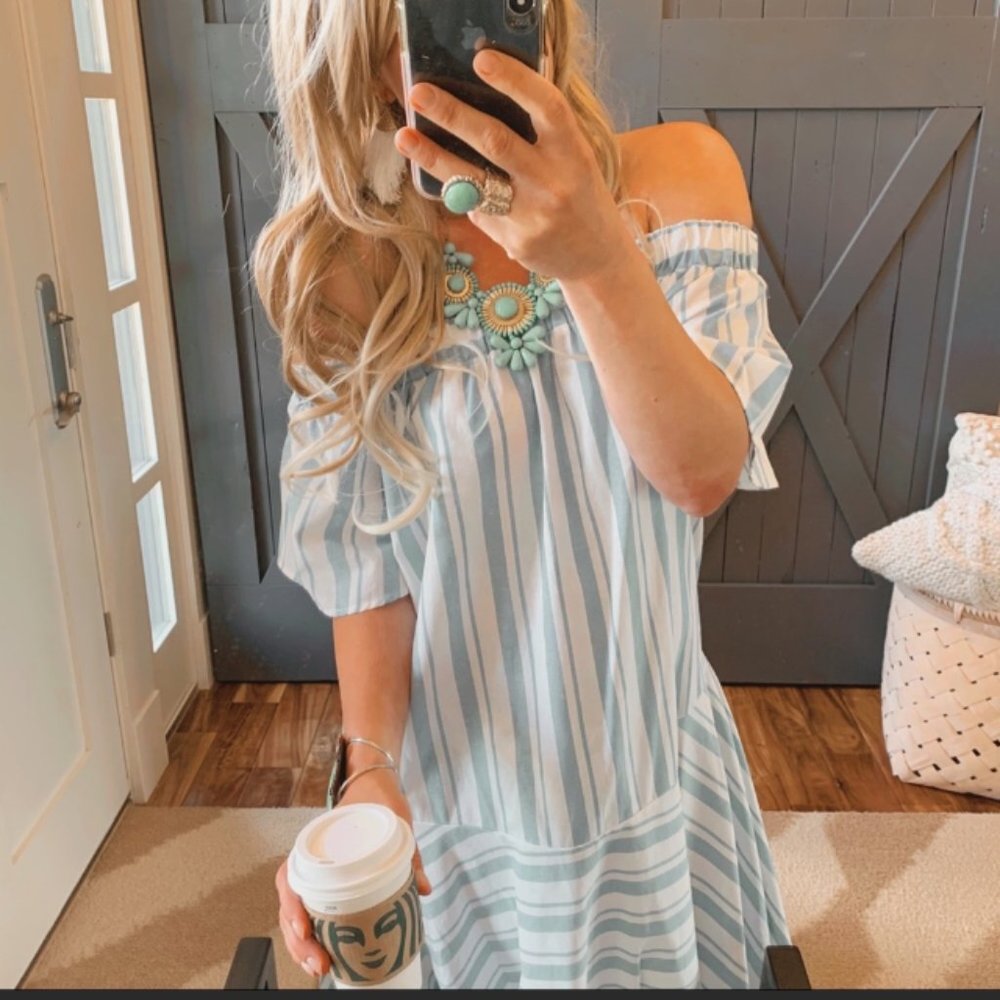 Women's Stripe Cotton Off The Shoulder Dress - Picture 1 of 10